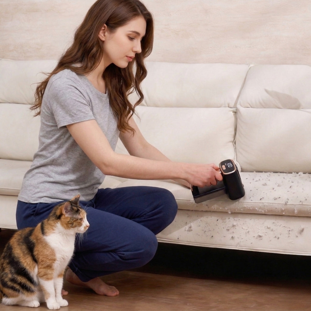 Woman using a FS2 fabric shaver on a couch with a cat nearby