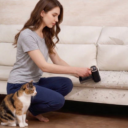 Woman using a FS2 fabric shaver on a couch with a cat nearby