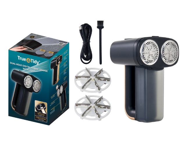True Tidy dual-head electric shaver with packaging, attachments, and power cord on a white background