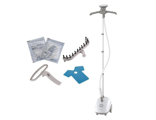 GS24 upright clothes steamer with two packs of decalcifiers fabric brush pants press and mini ironing board