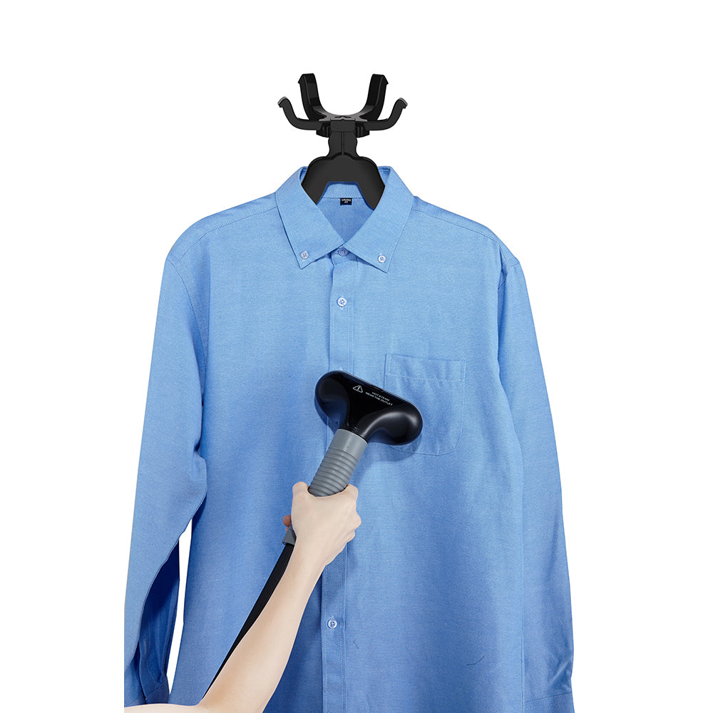 GS34 + Black + Garment Steamers-4 + steaming blue shirt