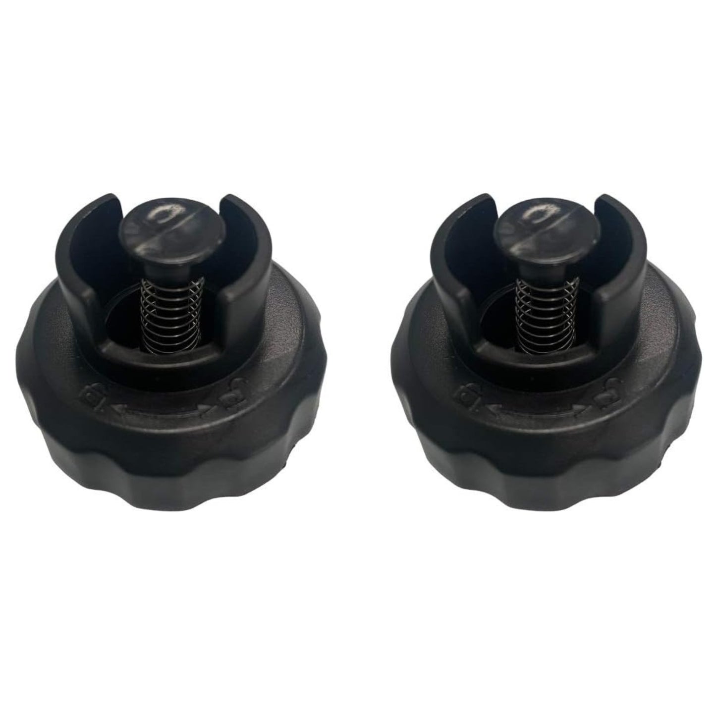Two black plastic threaded mounting caps with spring-loaded centers, shown side by side on a plain white background.