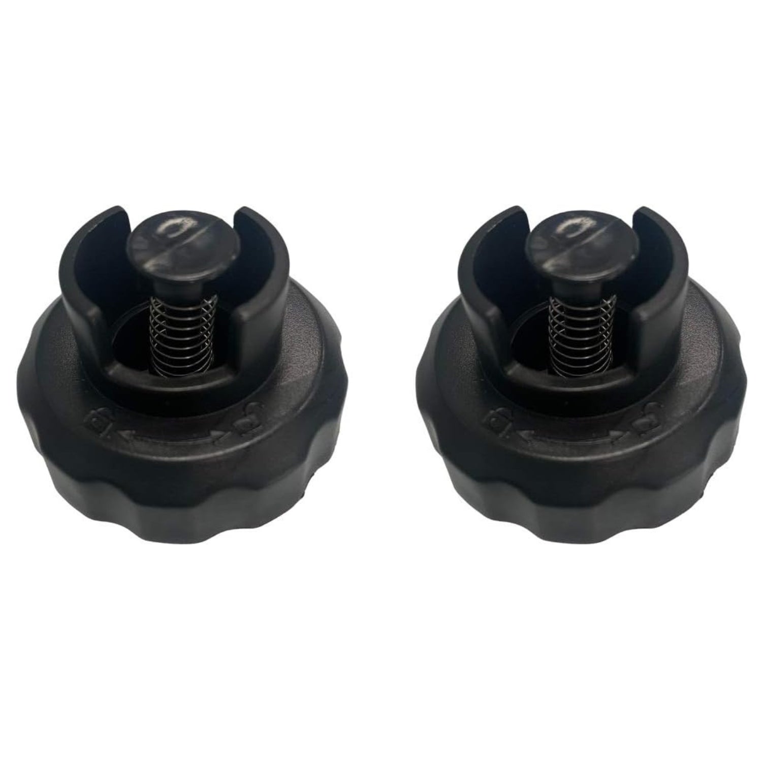 Two black plastic threaded mounting caps with spring-loaded centers, shown side by side on a plain white background.