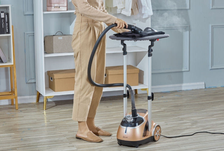 Woman Steaming & Pressing Garment on GS44 Rotatable Press Board