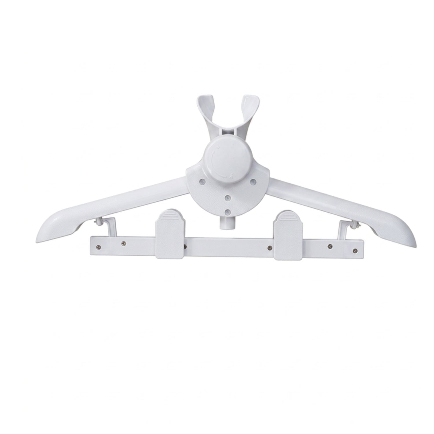 A white plastic clothes hanger with a mounting bracket on the underside, shown against a plain white background.