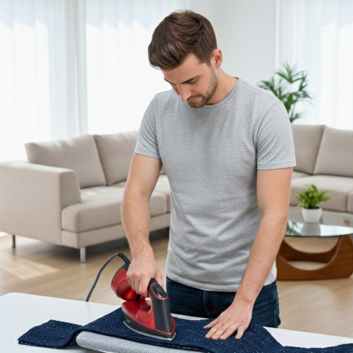 IS1600+Red+Man ironing a shirt in a living room 