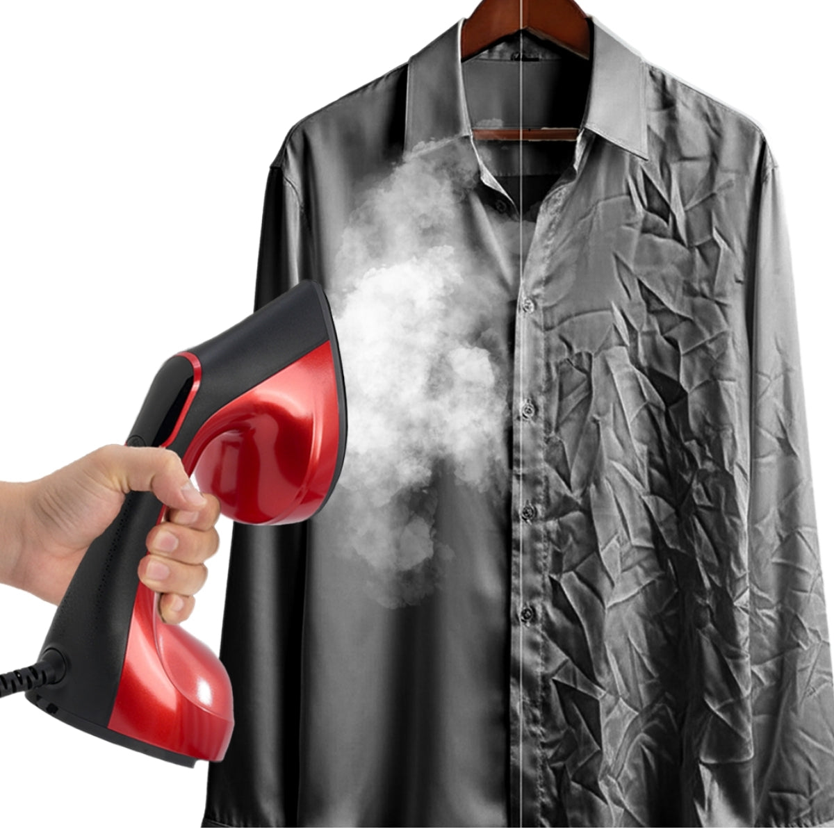IS1600+Red+ReleaseWrinkles+Hand holding a red and black steamer over a gray shirt on a hanger with steam rising.