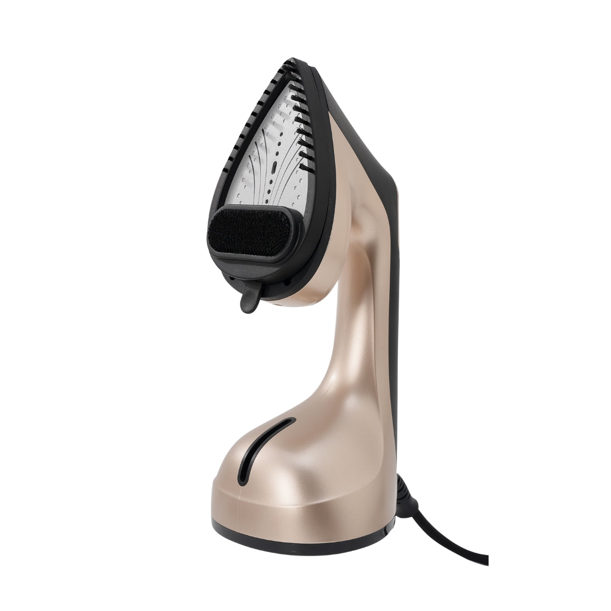 Gold handheld steamer on a white background with brush attachment on nozzle