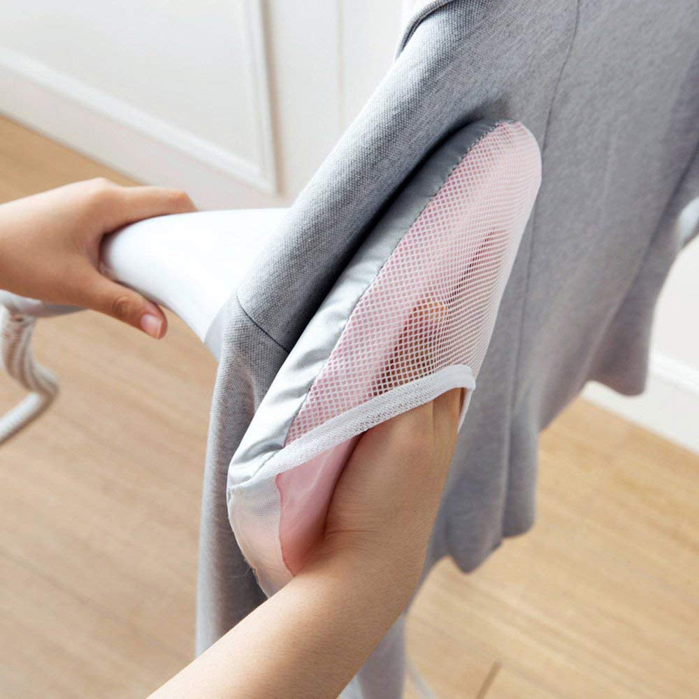 SM200-4 + close up of steam mitt used with a garment steamer to press gray jacket