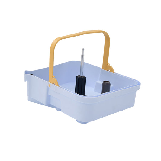 A white plastic storage bin with a yellow carrying handle, shown on a plain white background. Inside the bin are two black cylindrical tools or inserts.