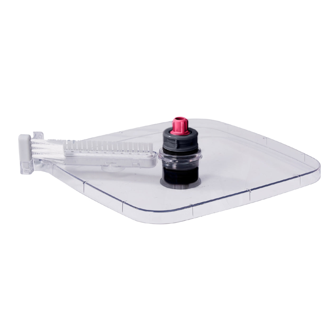 SPIN800DELUXECLEARCOVER + Deluxe Pink+ A clear plastic square tray or cover with a small black cylindrical component and a pink cap, shown on a plain white background.