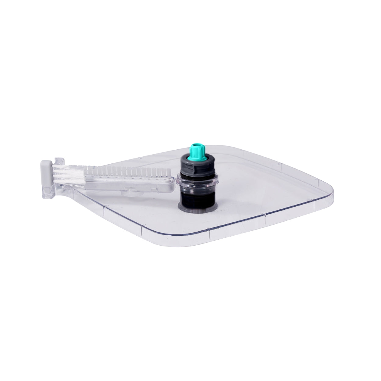 SPIN800GRAYCLEARCOVER + Gray+ A clear plastic square tray or cover with a small black cylindrical component and a turquoise cap, shown on a plain white background.