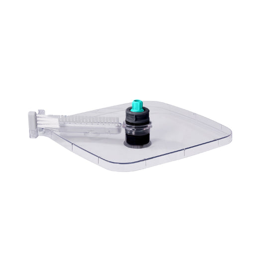 SPIN800GRAYCLEARCOVER + Gray+ A clear plastic square tray or cover with a small black cylindrical component and a turquoise cap, shown on a plain white background.