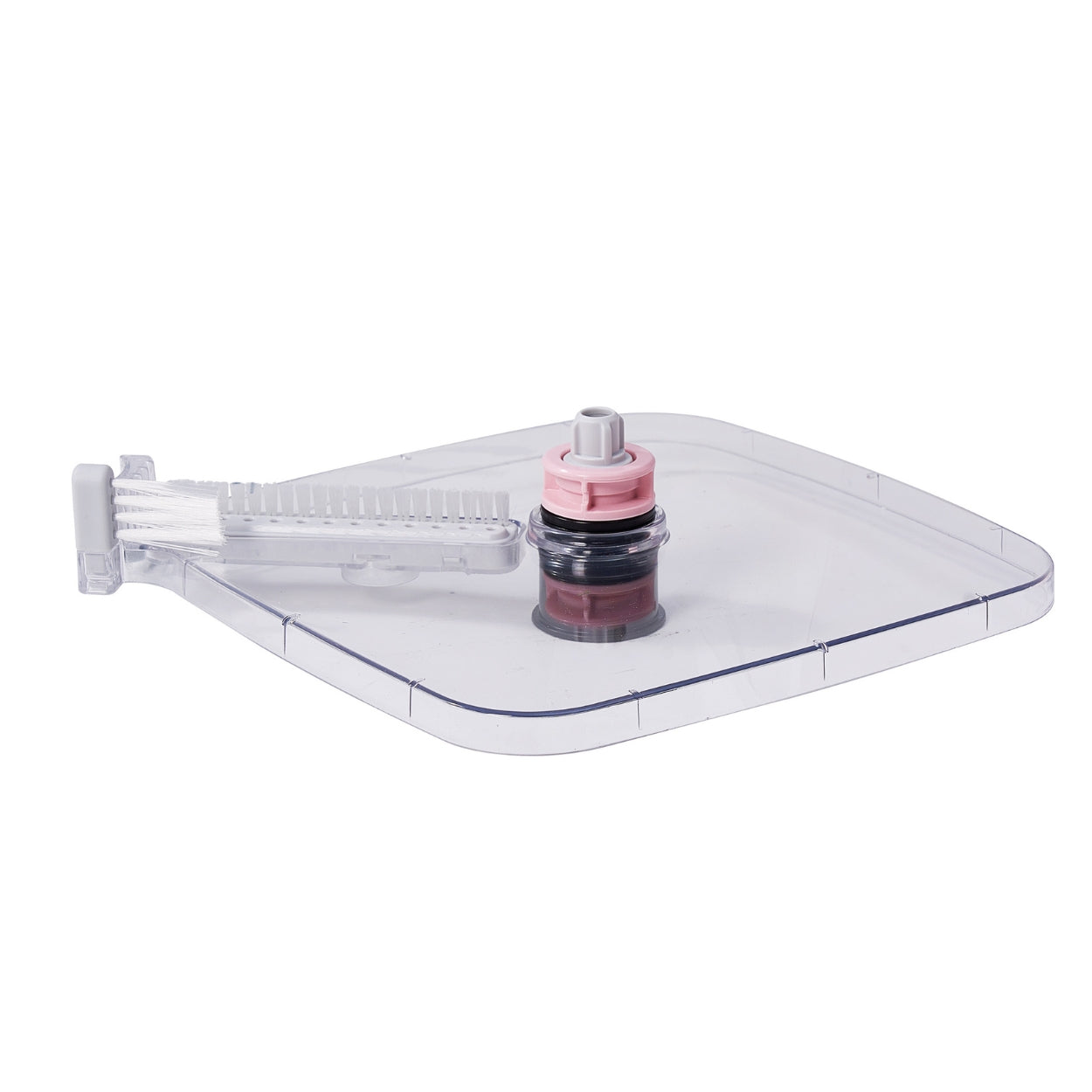 SPIN800ROSECLEARCOVER + Rose + A clear plastic square tray or cover with a small black cylindrical component and a light pink cap, shown on a plain white background.