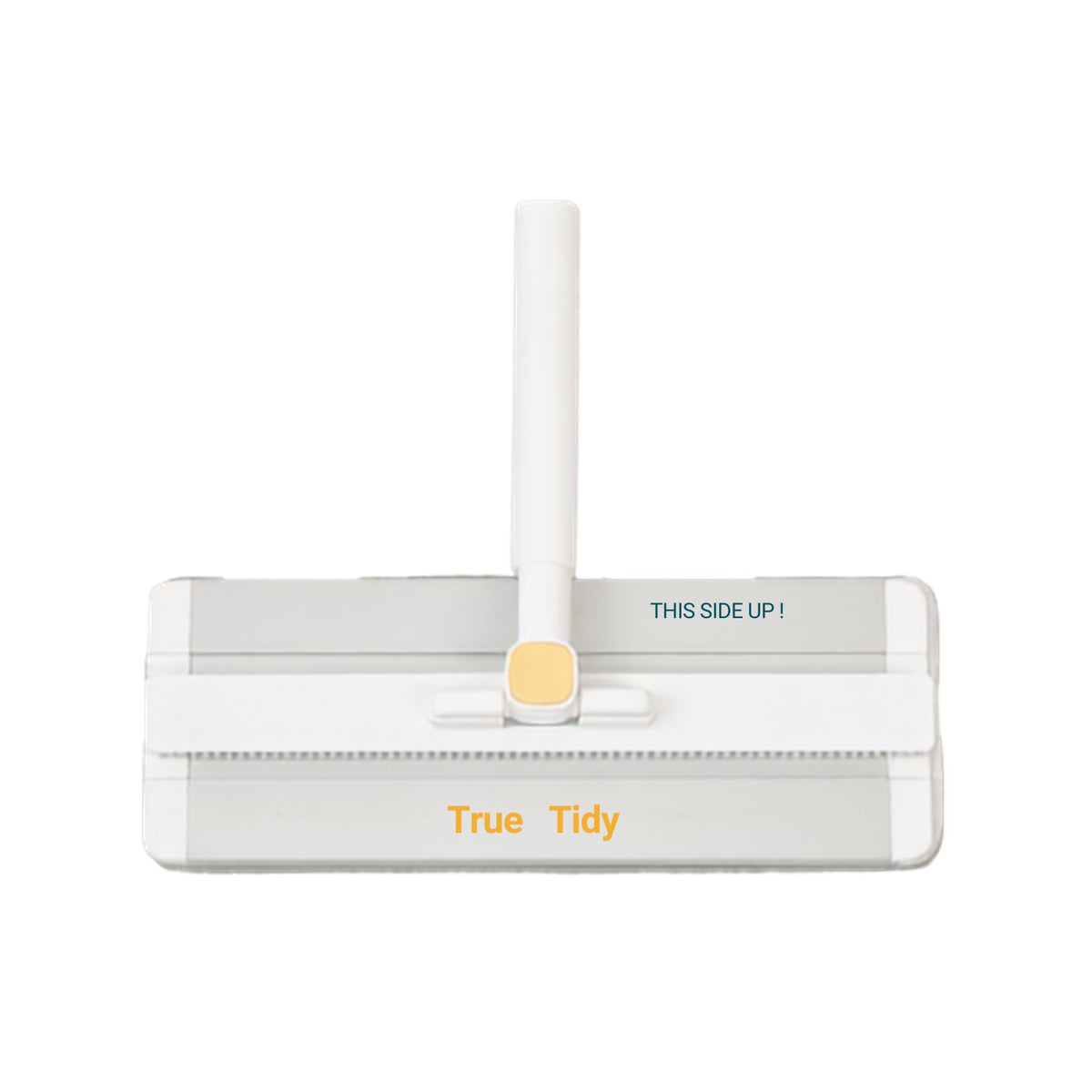 A white and light gray True Tidy floor sweeper mop head shown from the top against a solid white background, featuring a vertical white pole and a small yellow tab to indicate where the pole connects.