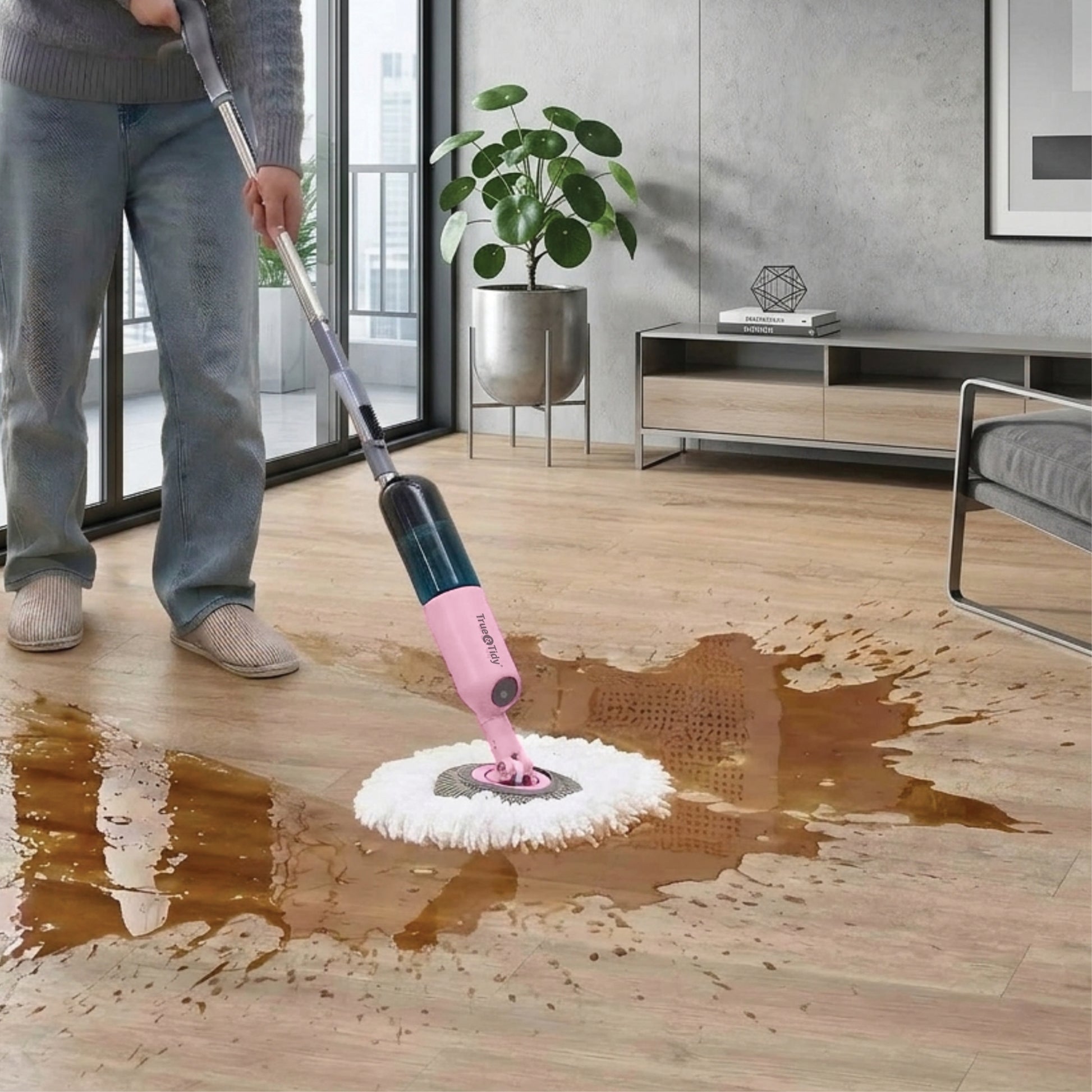 SPRAY400PINKPERSON MOPPING LVP FLOORING WITH PINK SPRAY MOP WITH MOP HEAD