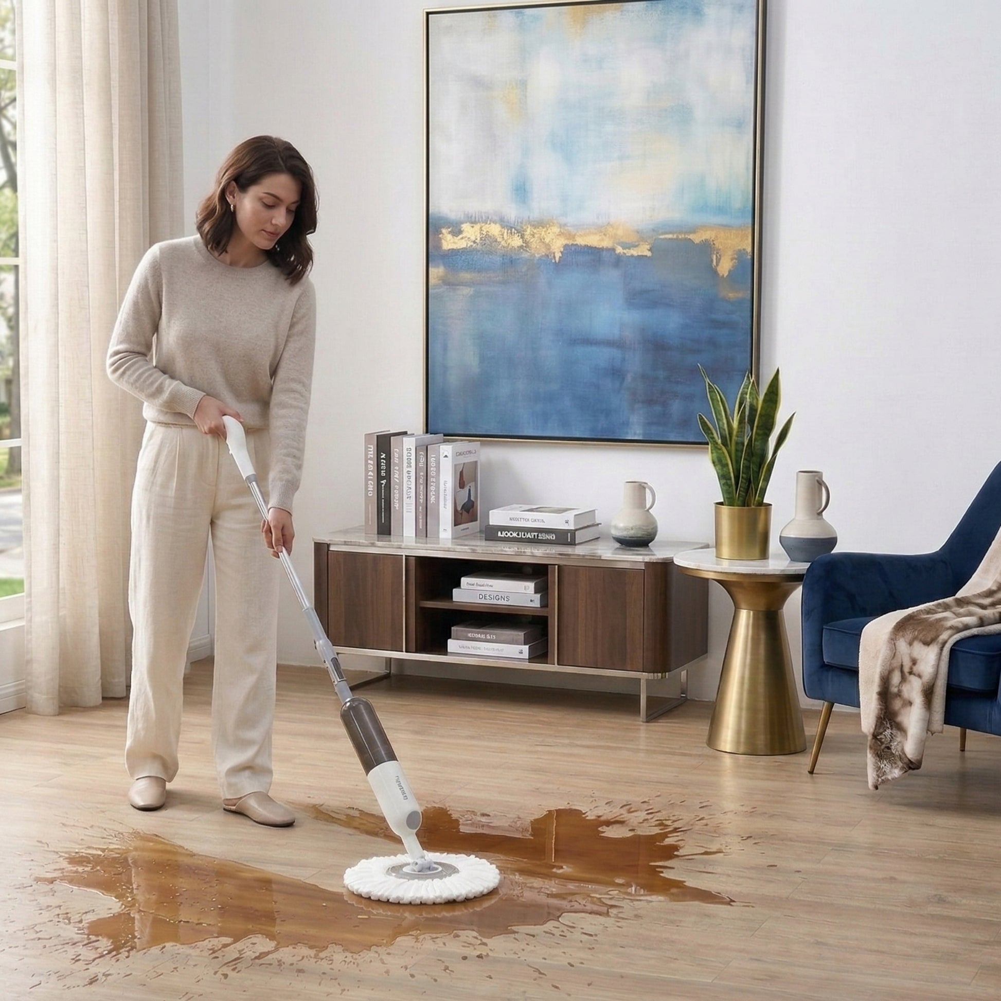 SPRAY400WHITEWOMAN USING SPRAY MOP ON LVP FLOORING 