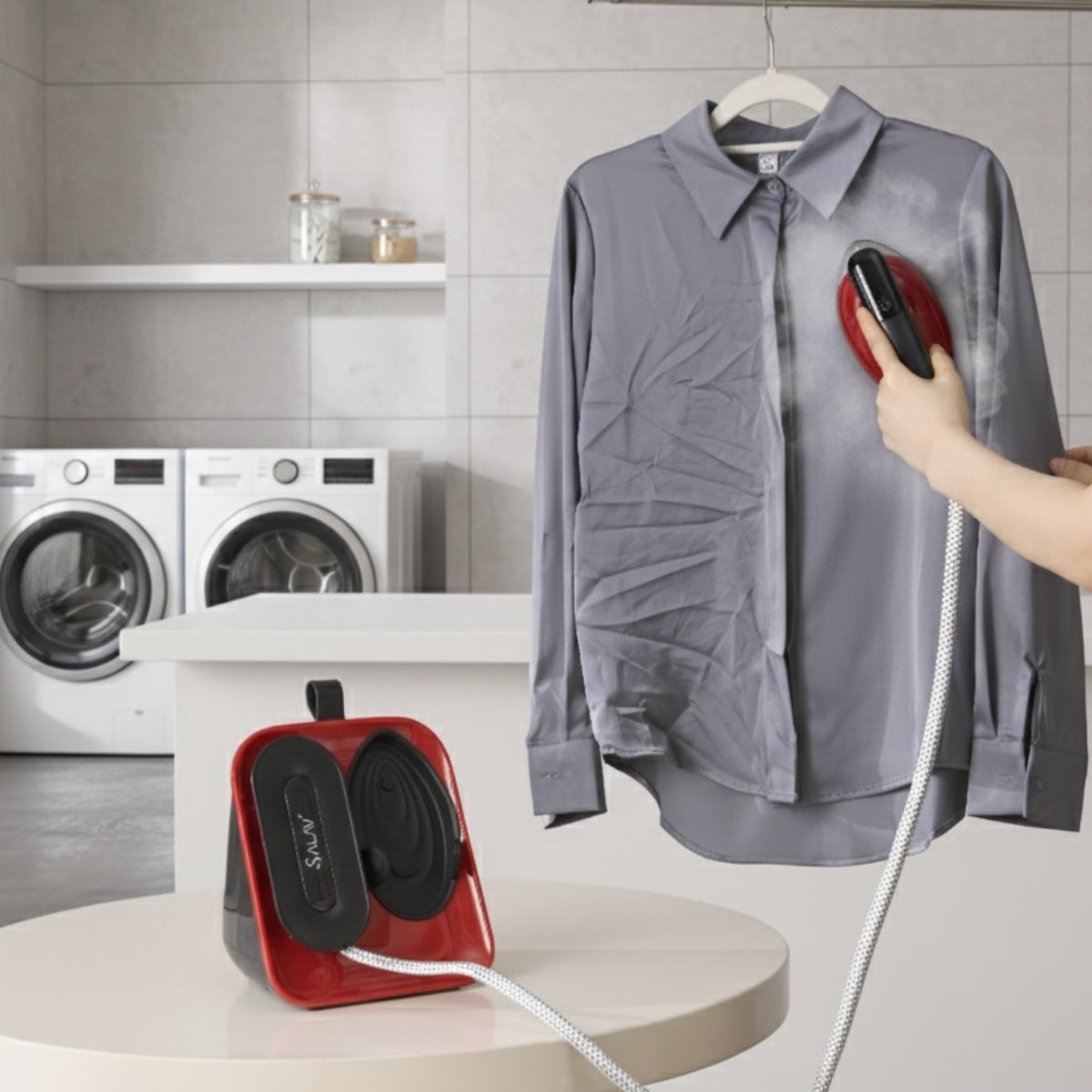 SS1500+Red+Person steaming a shirt with a red iron in a laundry room