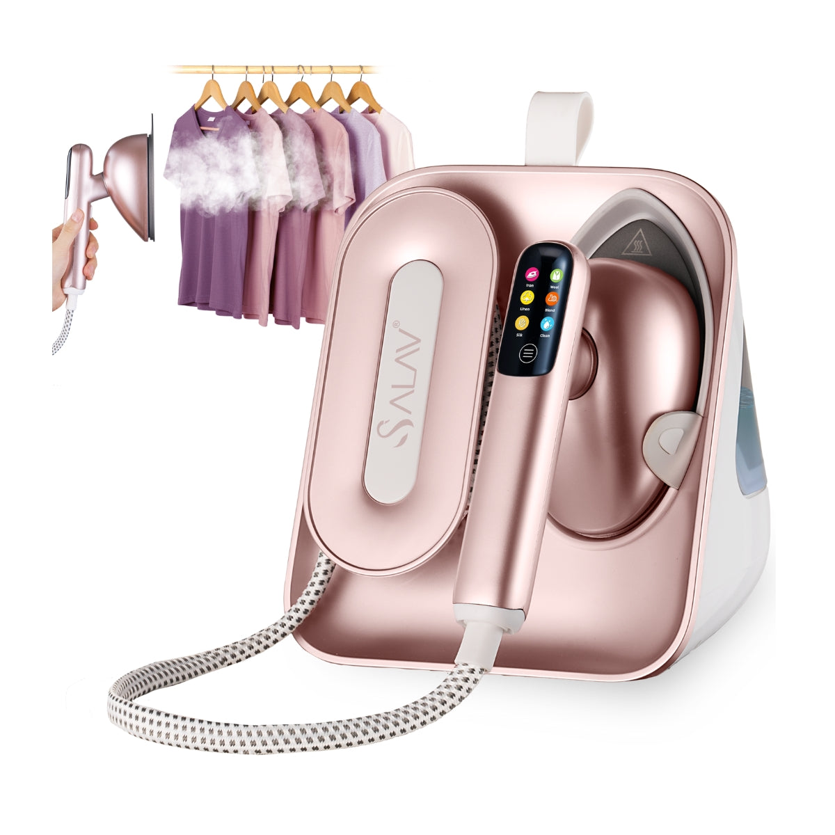 SS1500+RoseGold+Rose gold handheld steamer with clothes on hangers in the background