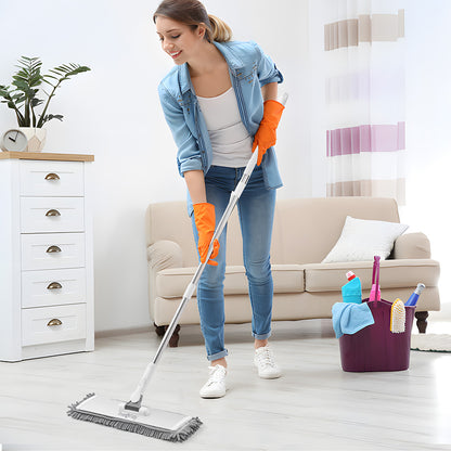 SWEEP180 + Gray + Cleaning-3 + woman cleaning wood floors in living room with SWEEP180 chenille mop pads