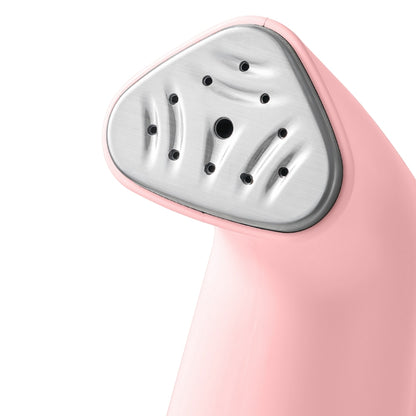 TS38 + Pink + Close-up of a pink handheld steamer with a metallic nozzle on a white background
