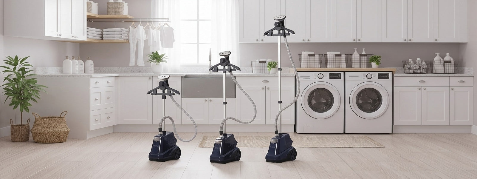 three upright garment steamers of different heights in a modern white laundry room