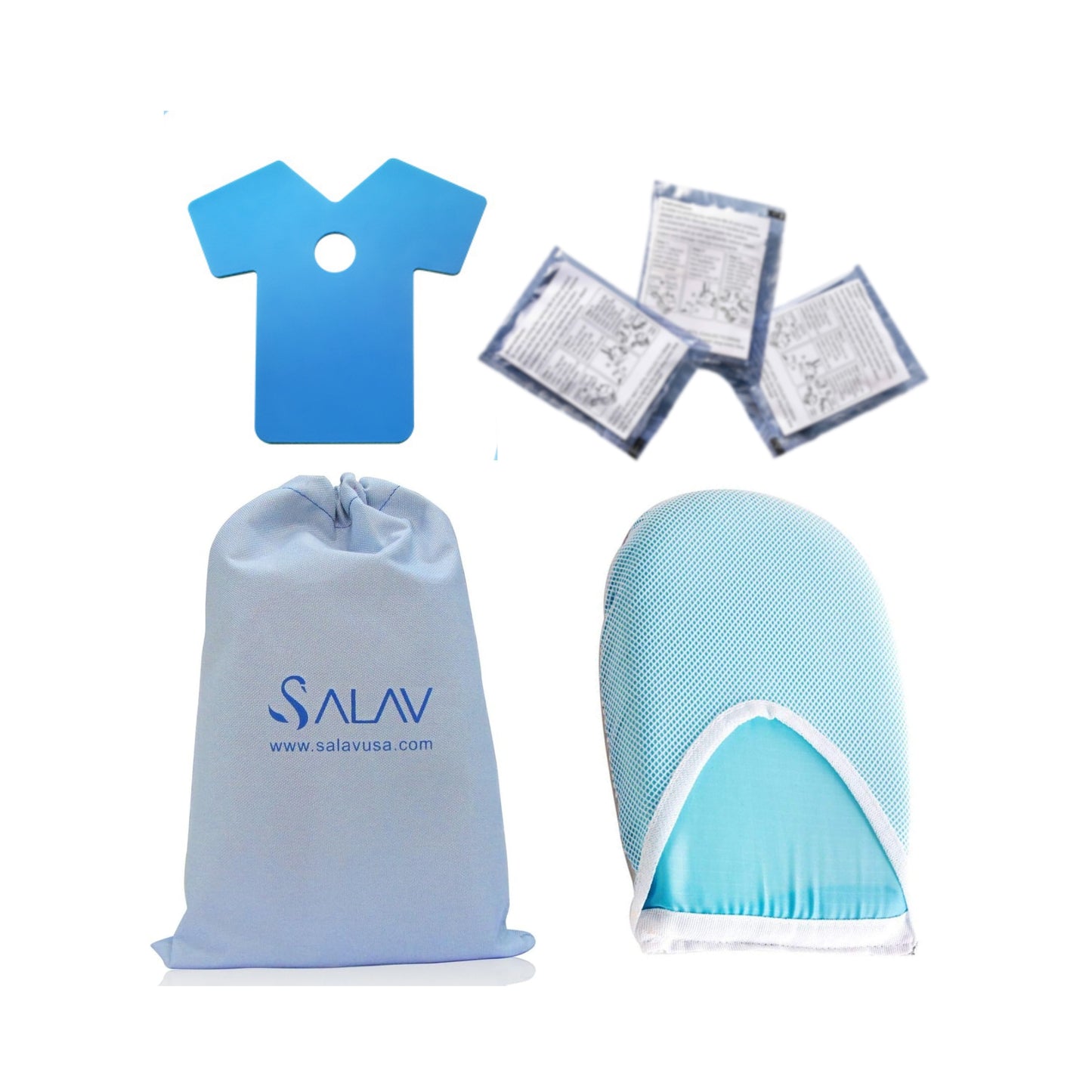 6 piece accessory pack for upright garment steamers  + blue ironing paddle 3 piecess decalcifier waterproof storage bag with drawstring closure steam mitt