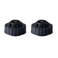Two black plastic water tank caps on a white background