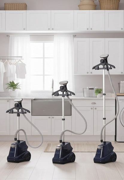 three upright garment steamers of different heights in a modern white laundry room