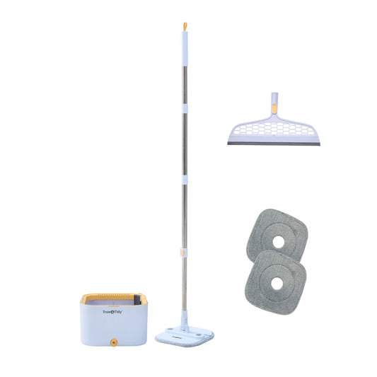 Cleaning tool set with mop, bucket, and pads on a white background